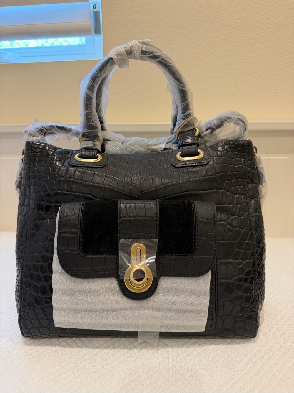 Black Croc-Embossed Satchel with Gold-Tone Lock